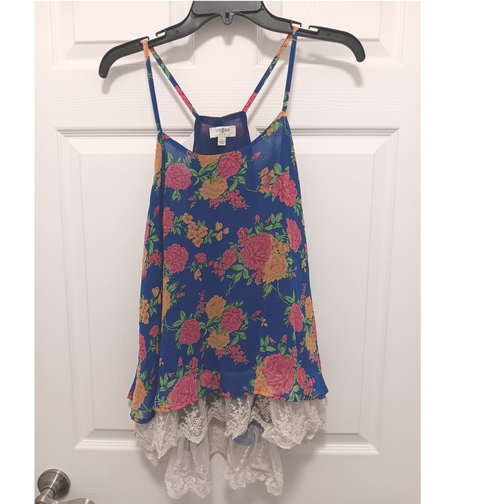 Umgee USA Blue Floral Lace Trim Cami Tank Top Boho High Low Large D5110